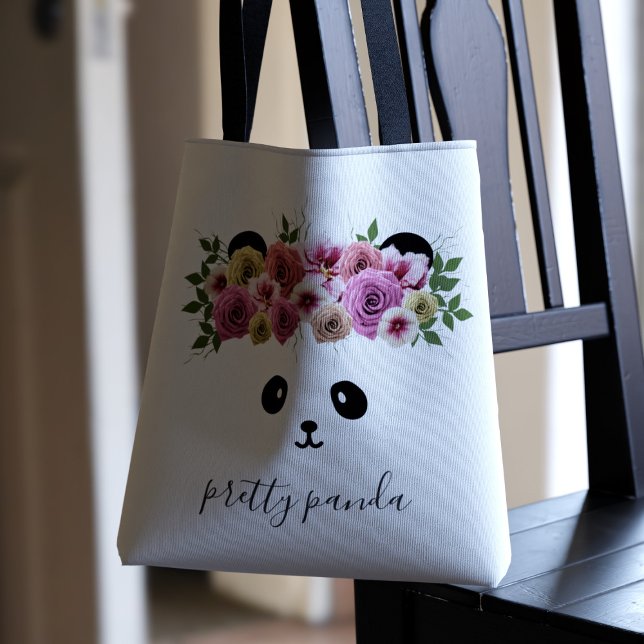 Cute Panda Bear Girl White Personalized Tote Bag (A pretty panda bear with flowers in her hair. Just add your name)