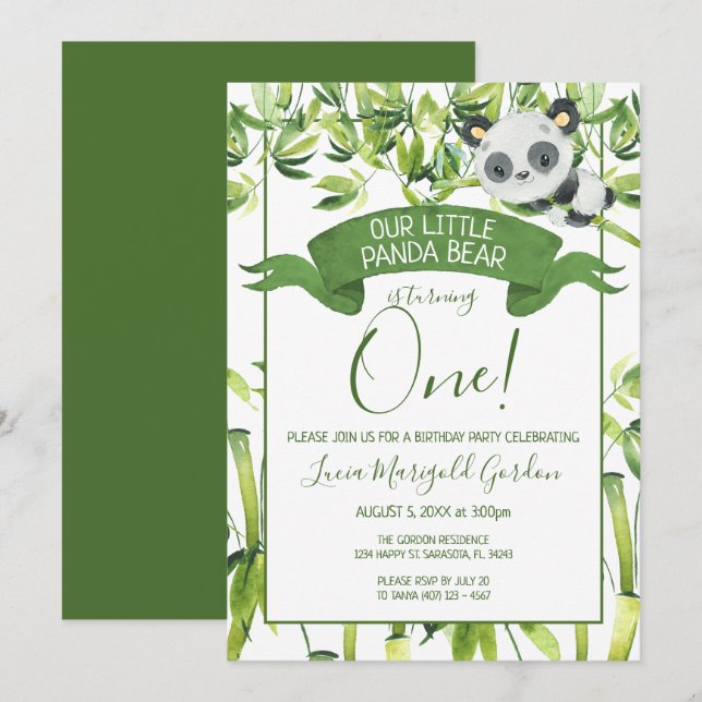 Cute Panda Bear Green Bamboo First Birthday Party Invitation (Front/Back)
