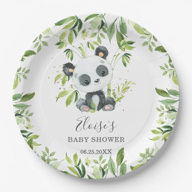 Cute Panda Bear Greenery Baby Shower Birthday Paper Plates (Front)