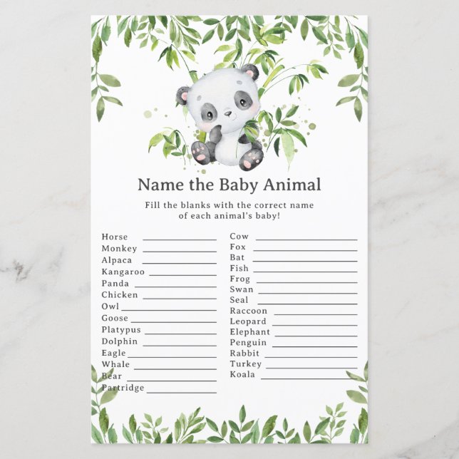 Cute Panda Bear Greenery Name Baby Animal Game (Front)