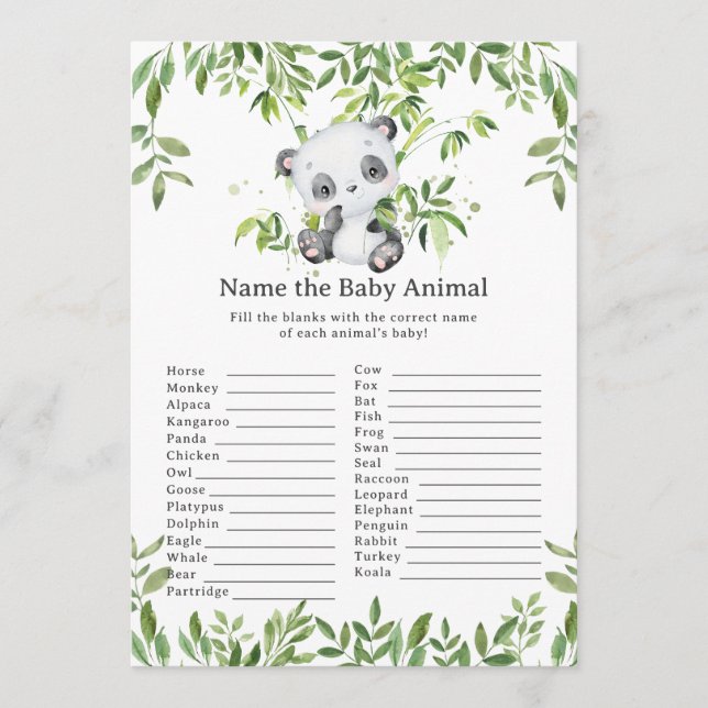 Cute Panda Bear Greenery Name Baby Animal Game Note Card (Front)
