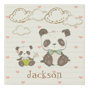 Cute Panda Bear Hearts Name Typography Faux Canvas Print
