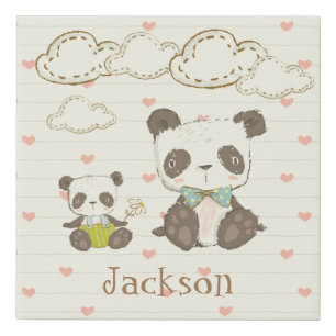 Cute Panda Bear Hearts Name Typography Faux Canvas Print
