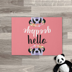 Cute Panda Bear Hello Goodbye Coral Pink Doormat