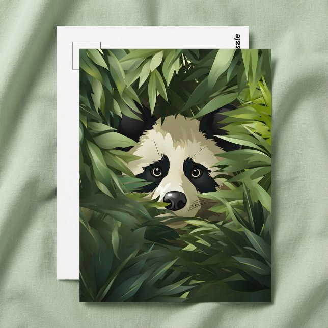 Cute panda bear hiding behind green bamboo leaves postcard (Cute panda bear hiding behind green bamboo leaves postcard.)