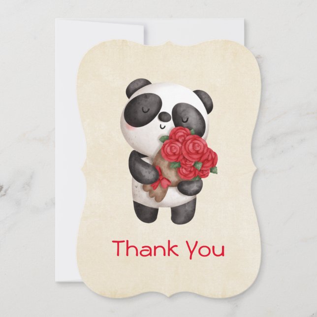 Cute Panda Bear Holding Bouquet of Roses Thank You Card (Front)