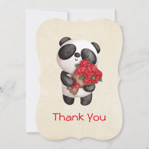 Cute Panda Bear Holding Bouquet of Roses Thank You Card