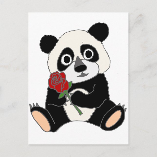 Cute Panda Bear Holding Red Rose Postcard (Front)
