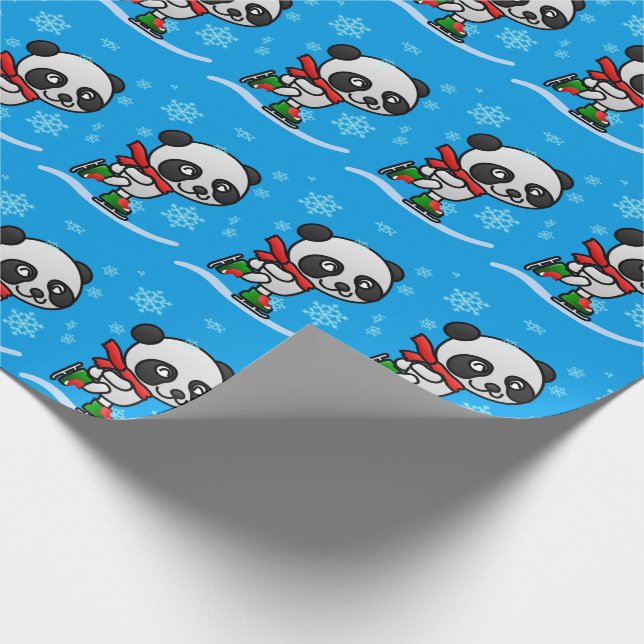 Cute Panda Bear Ice Skating Snow Christmas Kid's Wrapping Paper (Corner)