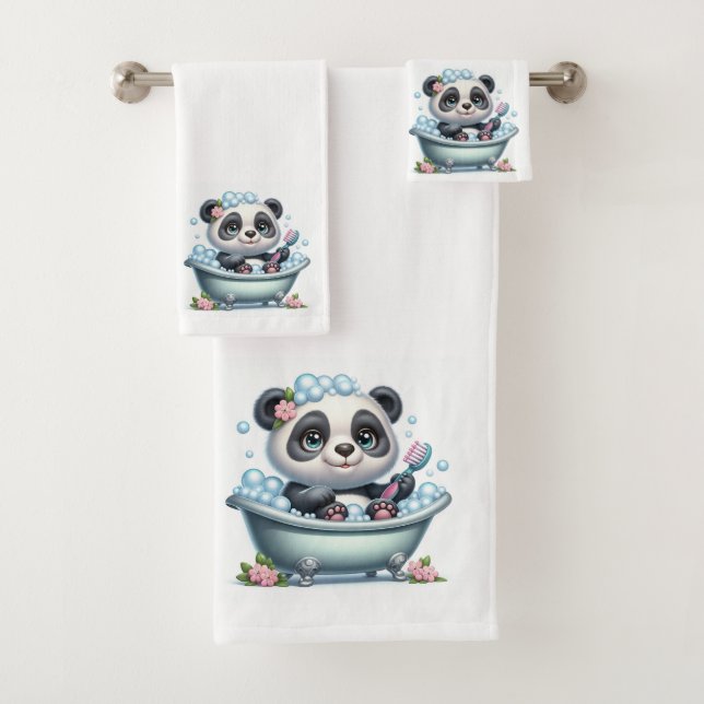 Cute Panda Bear in a Bubble Bath Bath Towel Set (Insitu)