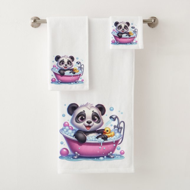 Cute Panda Bear in a Bubble Bath Towel Set (Insitu)