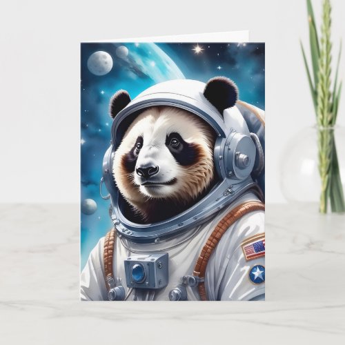 Cute Panda Bear in Astronaut Suit in Outer Space Card