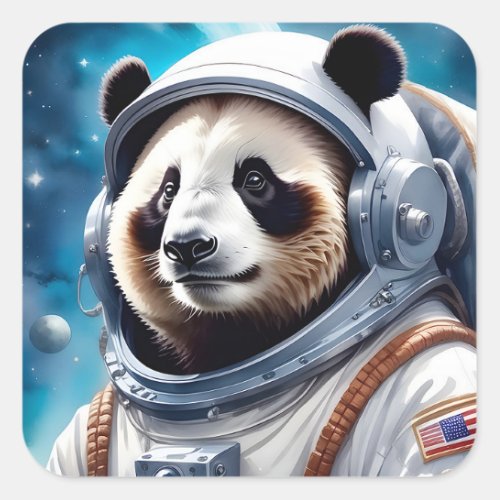 Cute Panda Bear in Astronaut Suit in Outer Space Square Sticker