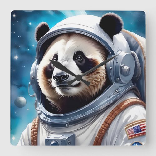 Cute Panda Bear in Astronaut Suit in Outer Space Square Wall Clock