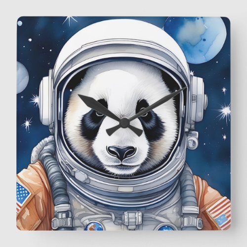 Cute Panda Bear in Astronaut Suit Outer Space Square Wall Clock
