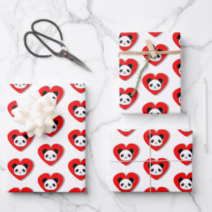 Cute Panda Bear In Red Heart Tissue Paper