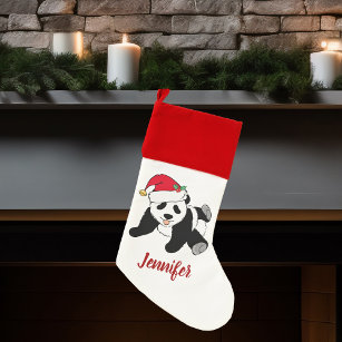 Cute Panda Bear in Santa Hat Custom Kids Christmas Stocking