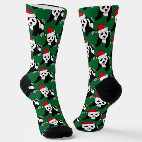Cute Panda Bear in Santa Hat Green Christmas Socks