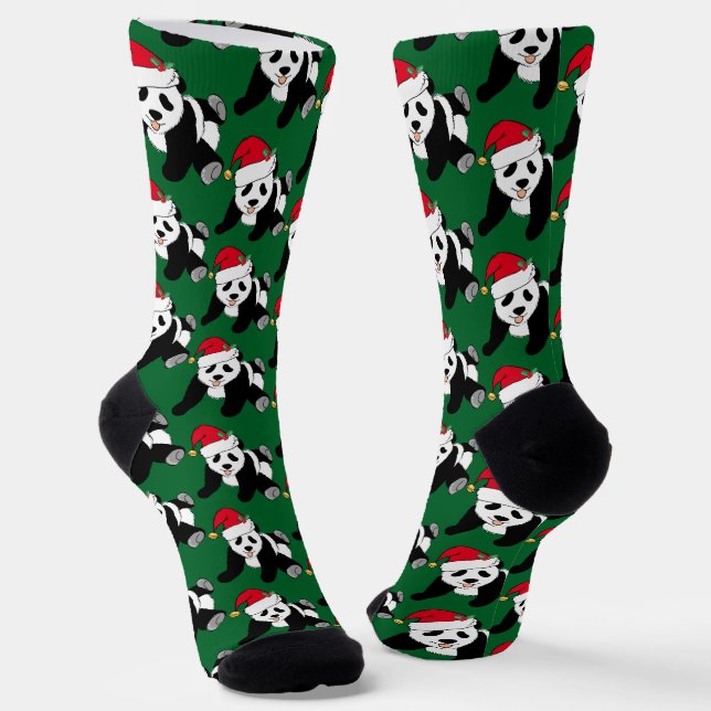 Cute Panda Bear in Santa Hat Green Christmas Socks (Angled)