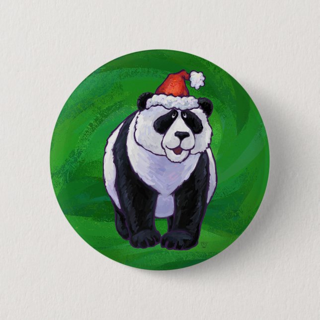 Cute Panda Bear in Santa Hat on Green Button (Front)