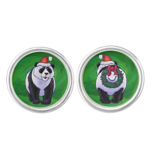 Cute Panda Bear in Santa Hat on Green Cufflinks