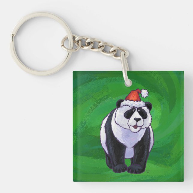 Cute Panda Bear in Santa Hat on Green Keychain (Front)