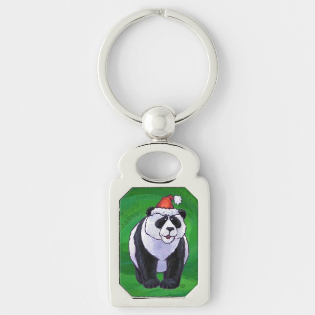 Cute Panda Bear in Santa Hat on Green Keychain (Front)