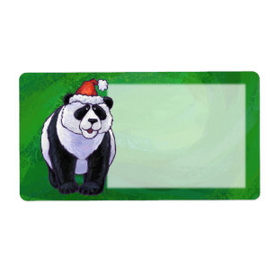 Cute Panda Bear in Santa Hat on Green Label