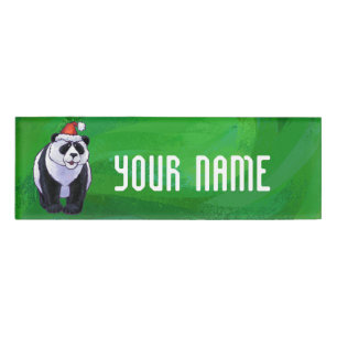 Cute Panda Bear in Santa Hat on Green Name Tag