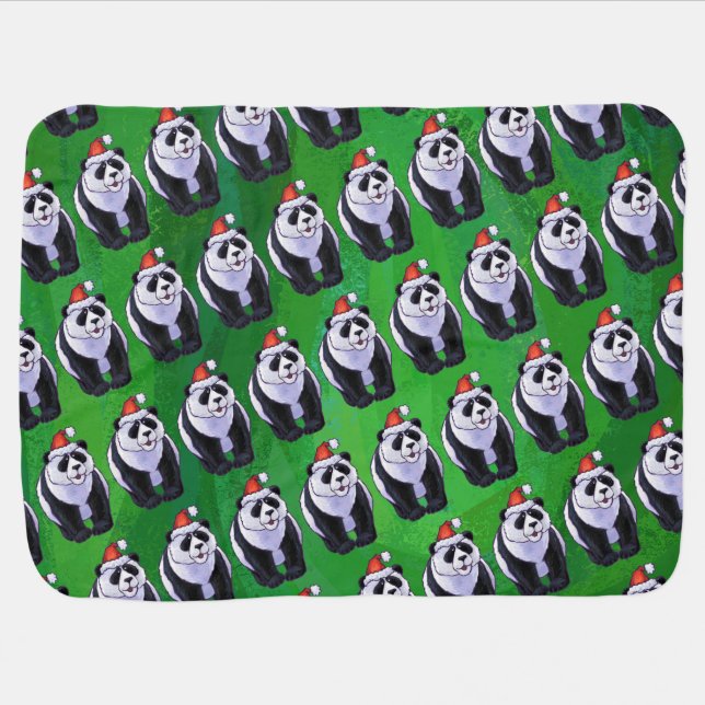 Cute Panda Bear in Santa Hat on Green Stroller Blanket (Horizontal)