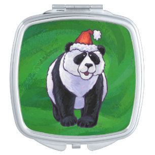 Cute Panda Bear in Santa Hat on Green Vanity Mirror