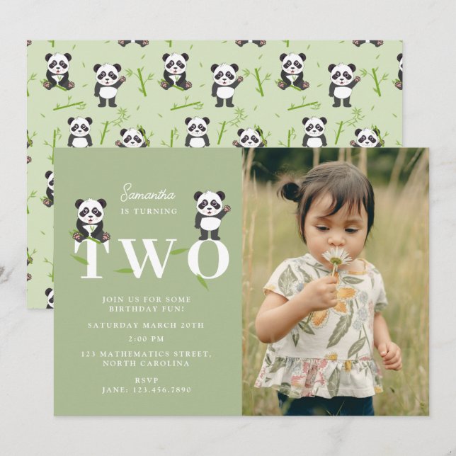 Cute Panda Bear Kawaii Kids Two 2 Birthday Photo Invitation (Front/Back)