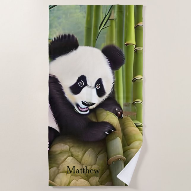 Cute Panda Bear Kids Monogram Beach Towel (Front)