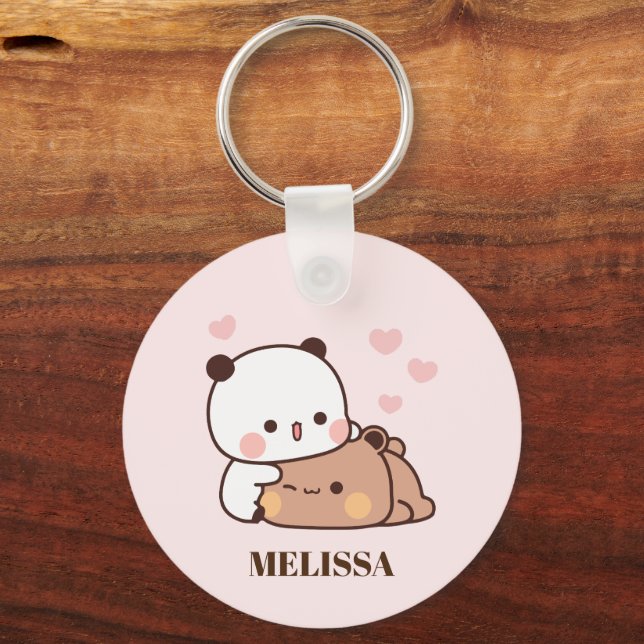 Cute Panda Bear Love Monogram Pink Keychain (Front)