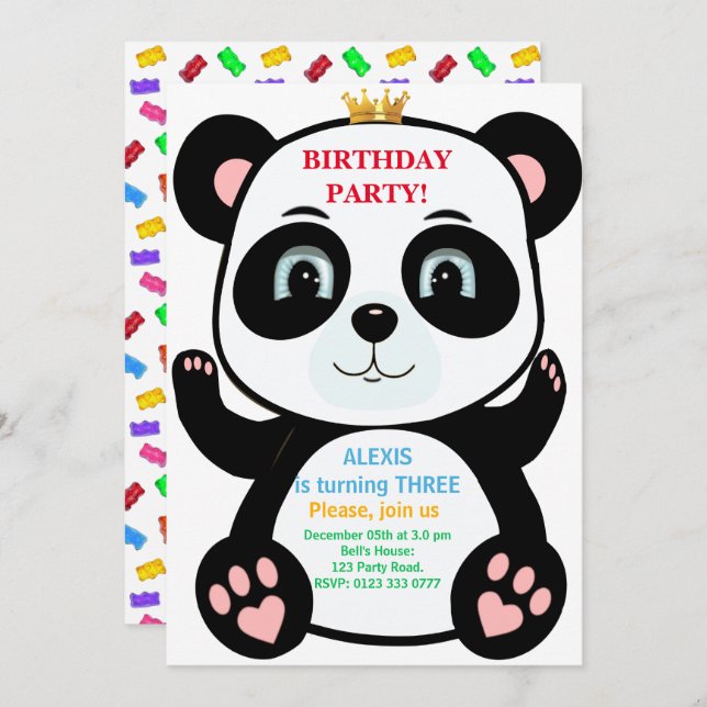 Cute Panda Bear & Multicolored Sweets Invitation (Front/Back)