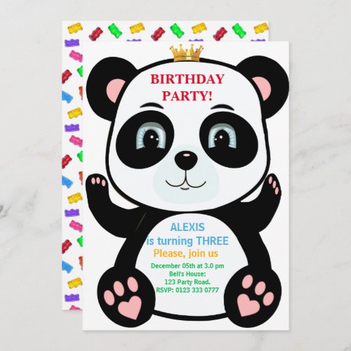 Cute Panda Bear  Multicolored Sweets Invitation