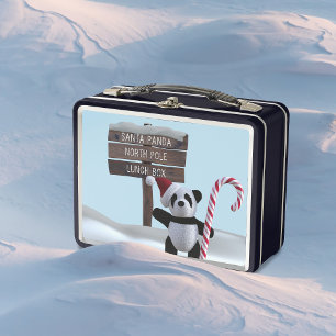 Cute Panda Bear North Pole Kids Christmas Gift Metal Lunch Box