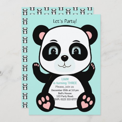 Cute Panda Bear on Light Teal Blue Birthday Invitation