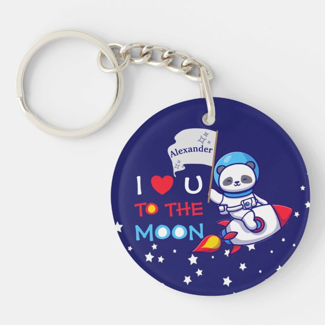 Cute Panda Bear On Rocket Ship Kids Personalized Keychain (Front)