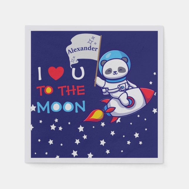 Cute Panda Bear On Rocket Ship Kids Personalized Napkins (Front)