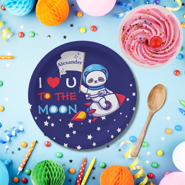 Cute Panda Bear On Rocket Ship Kids Personalized Paper Plates (Creator Uploaded)