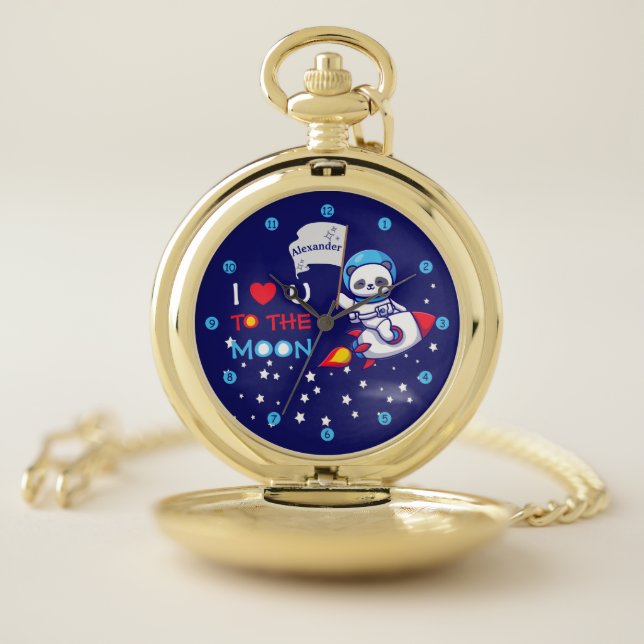 Cute Panda Bear On Rocket Ship Kids Personalized Pocket Watch (Inside)