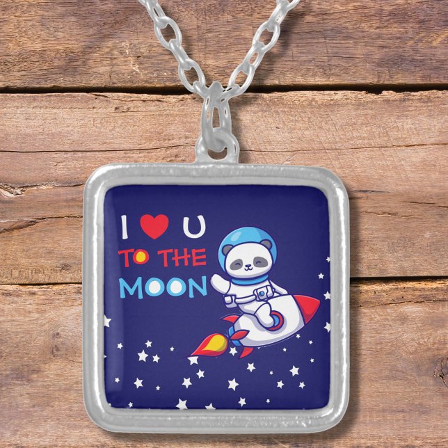 Cute Panda Bear On Rocket Ship Kids Personalized Silver Plated Necklace (Creator Uploaded)