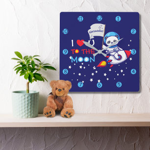 Cute Panda Bear On Rocket Ship Kids Personalized Square Wall Clock