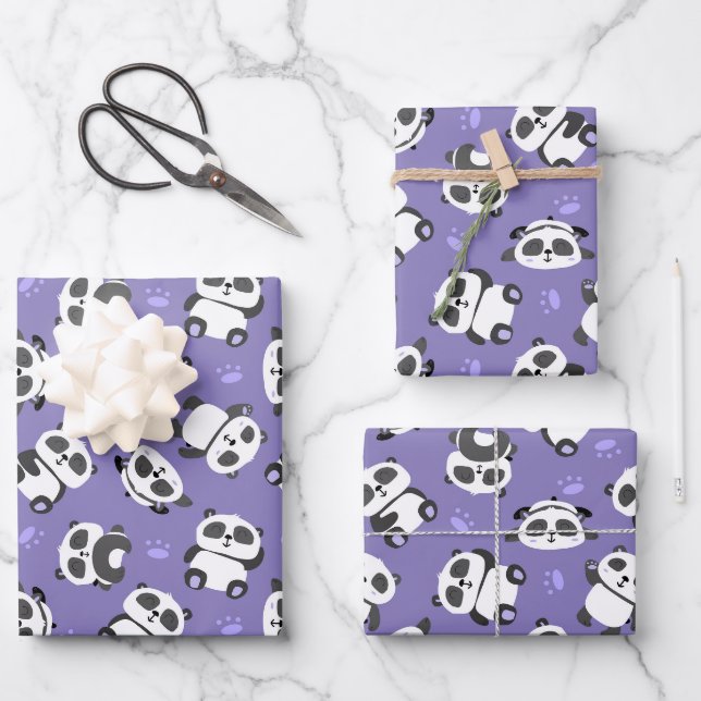 Cute panda bear paw blue background wrapping paper sheets (Front)