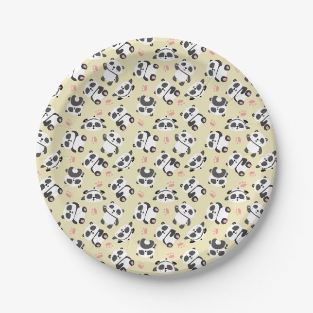 Cute panda bear paw cream background paper plates (Front)