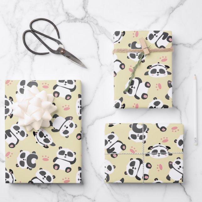 Cute panda bear paw cream background wrapping paper sheets (Front)