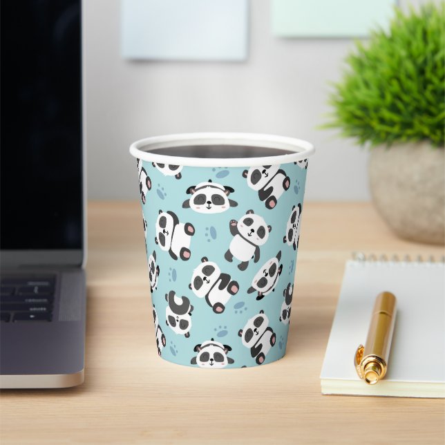 Cute panda bear paw cyan background paper cups (Insitu)