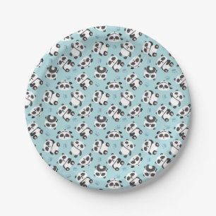 Cute panda bear paw cyan background paper plates