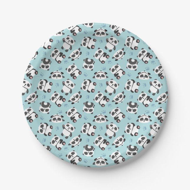 Cute panda bear paw cyan background paper plates (Front)